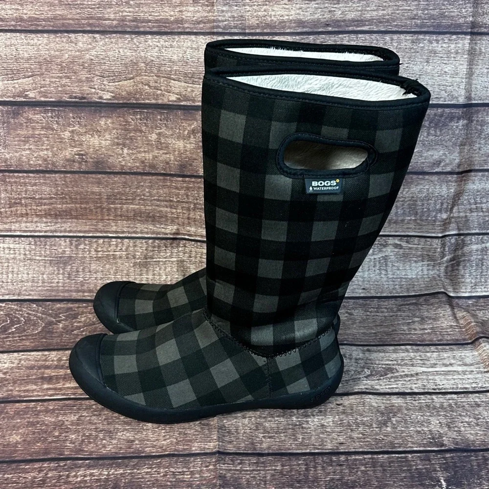 Bogs Summit Buffalo Plaid Waterproof Tall Boots Charcoal Black Womens 10